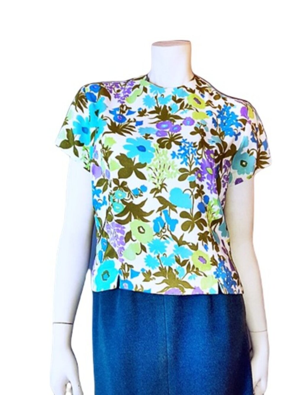 1960s Blue Flowered Vintage Blouse With Short Sleeves Nylon Crepe Suit Style Sm